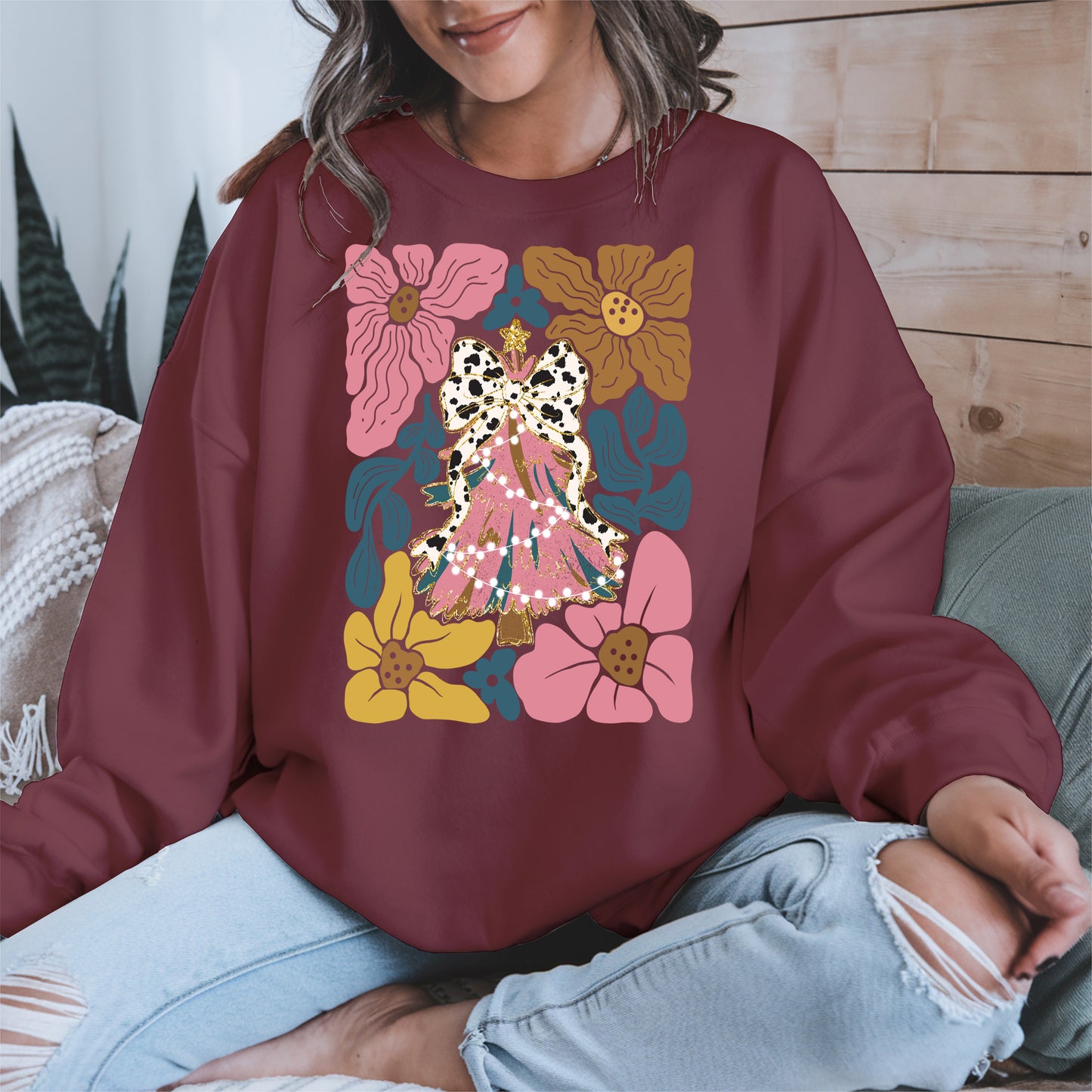 Christmas Tree Coquette Bow Floral Holiday Shirt