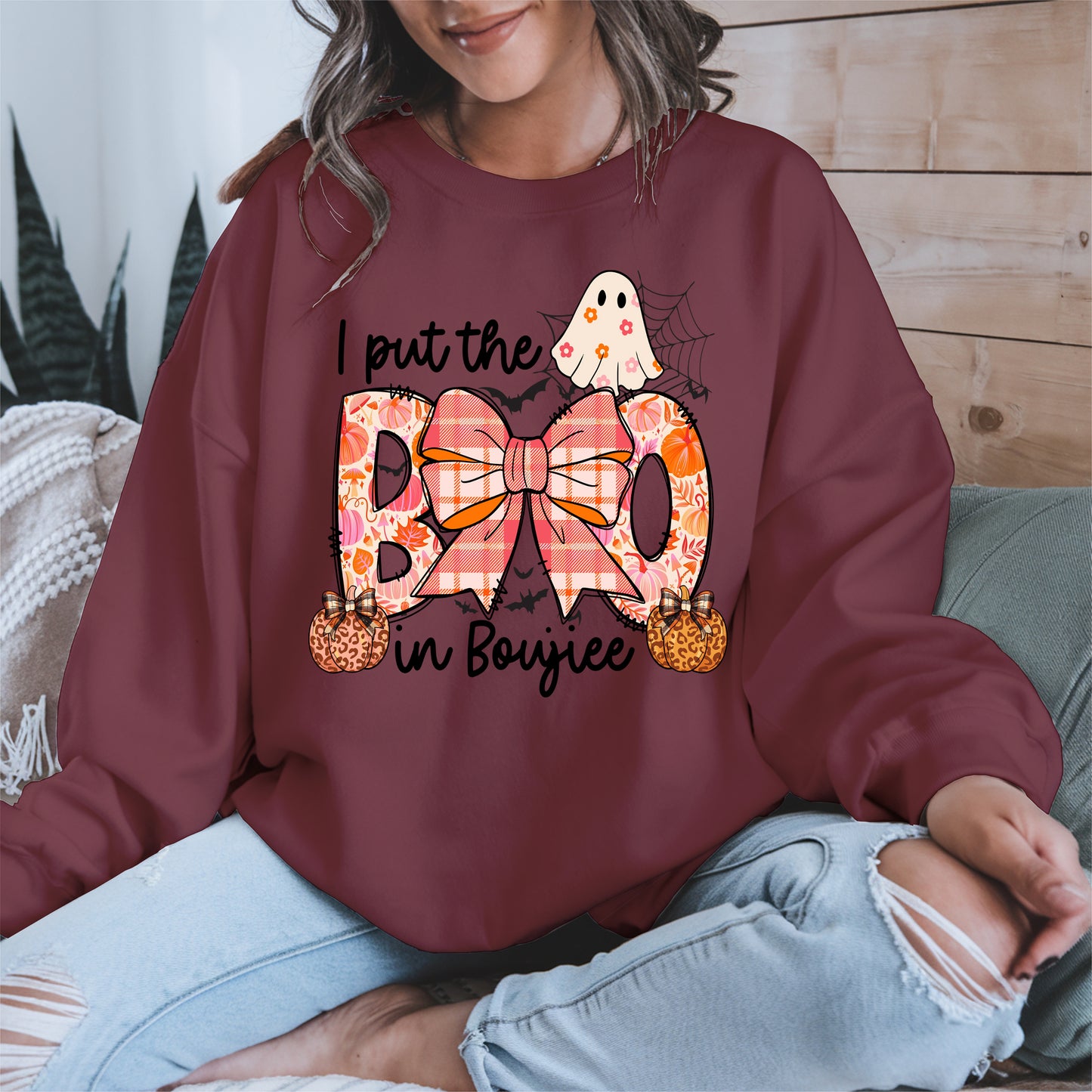 BOO Cute Halloween Shirt Hoodie Sweatshirt with Ghost and Bow