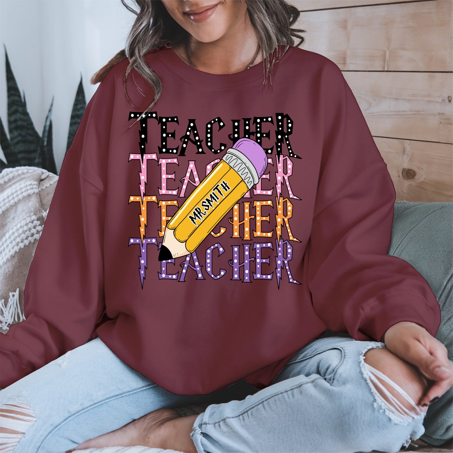 Retro Teacher Shirt with Personalized Pencil Name
