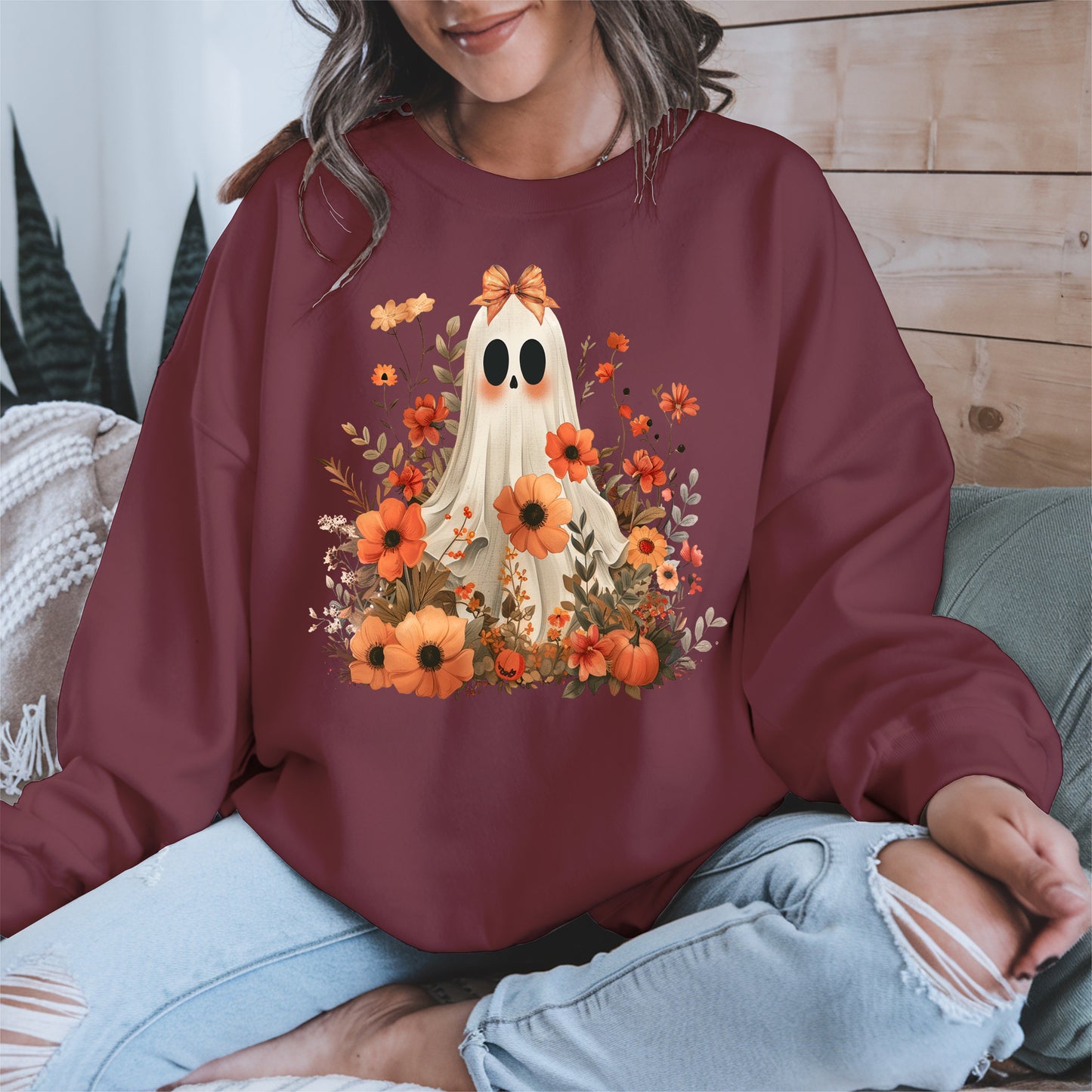 Autumn Ghost Floral Shirt Cute Fall Halloween Tee