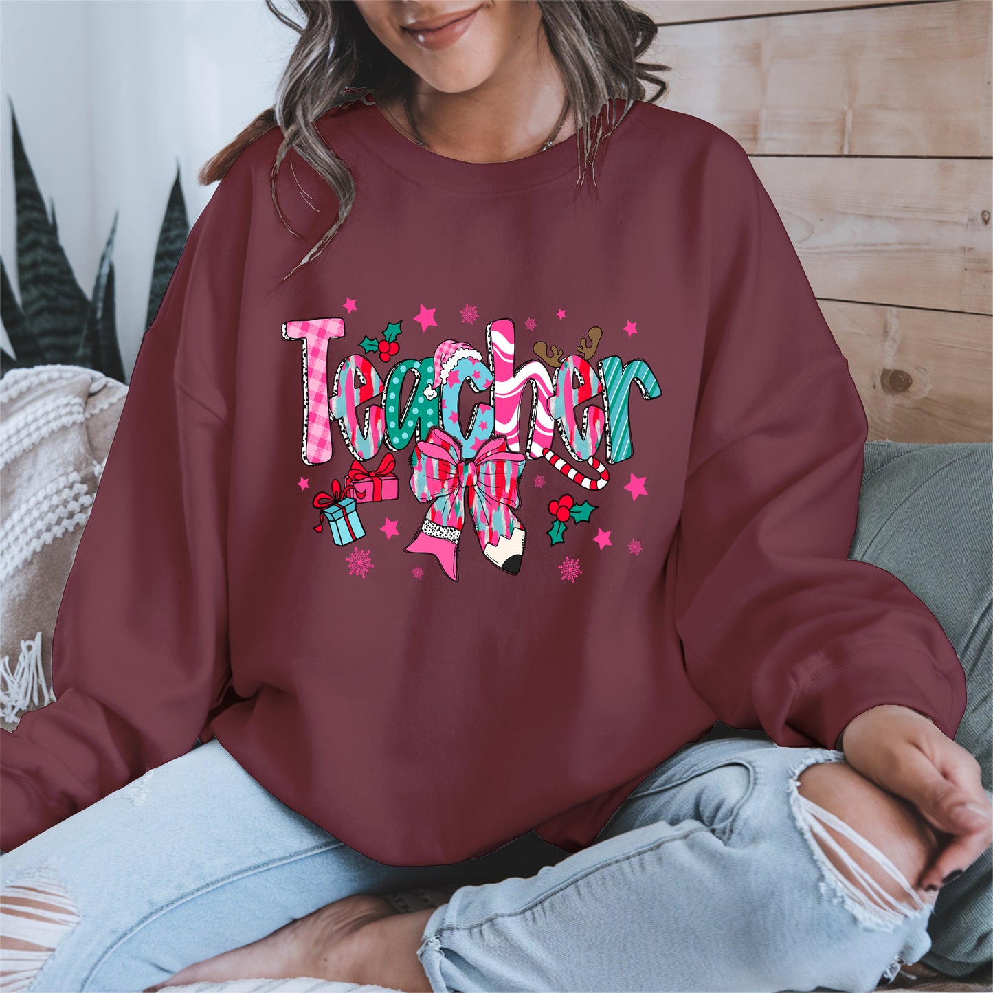 Christmas Teacher Shirt with Gifts and Bow