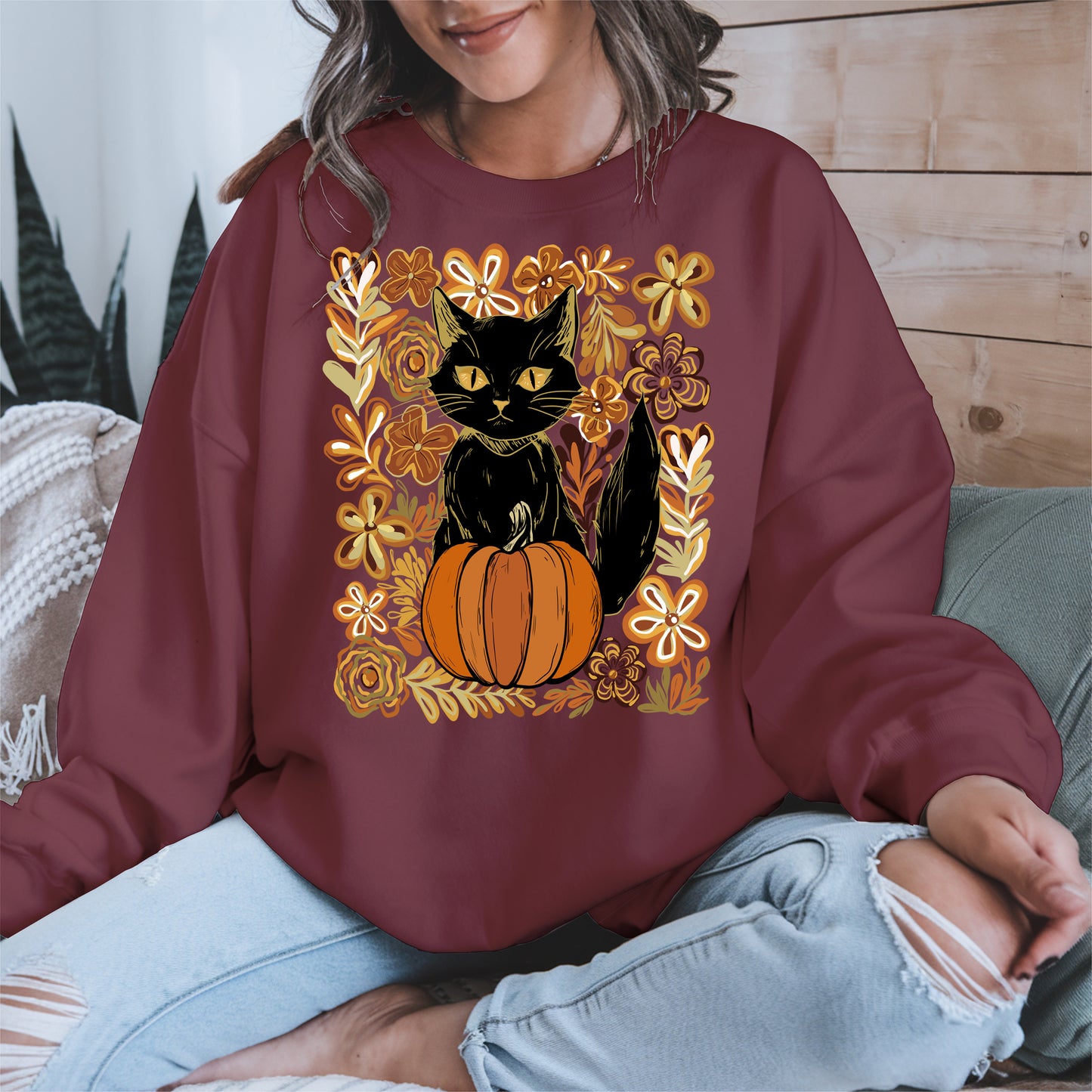 Floral Black cat Pumpkin halloween shirt