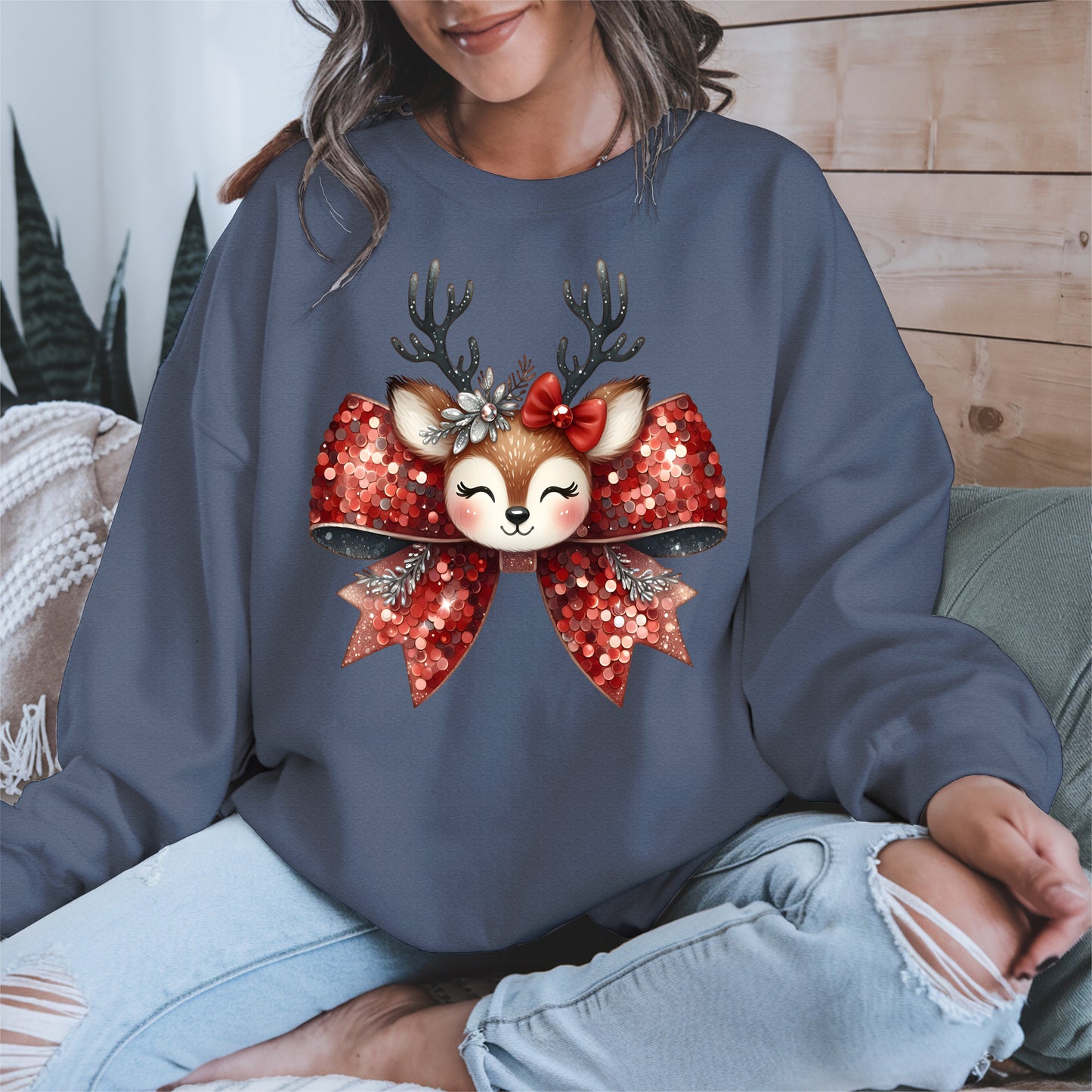 Cute Reindeer Bow Christmas Shirt for Women
