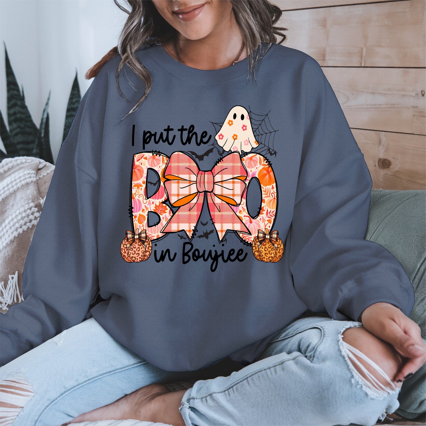 BOO Cute Halloween Shirt Hoodie Sweatshirt with Ghost and Bow
