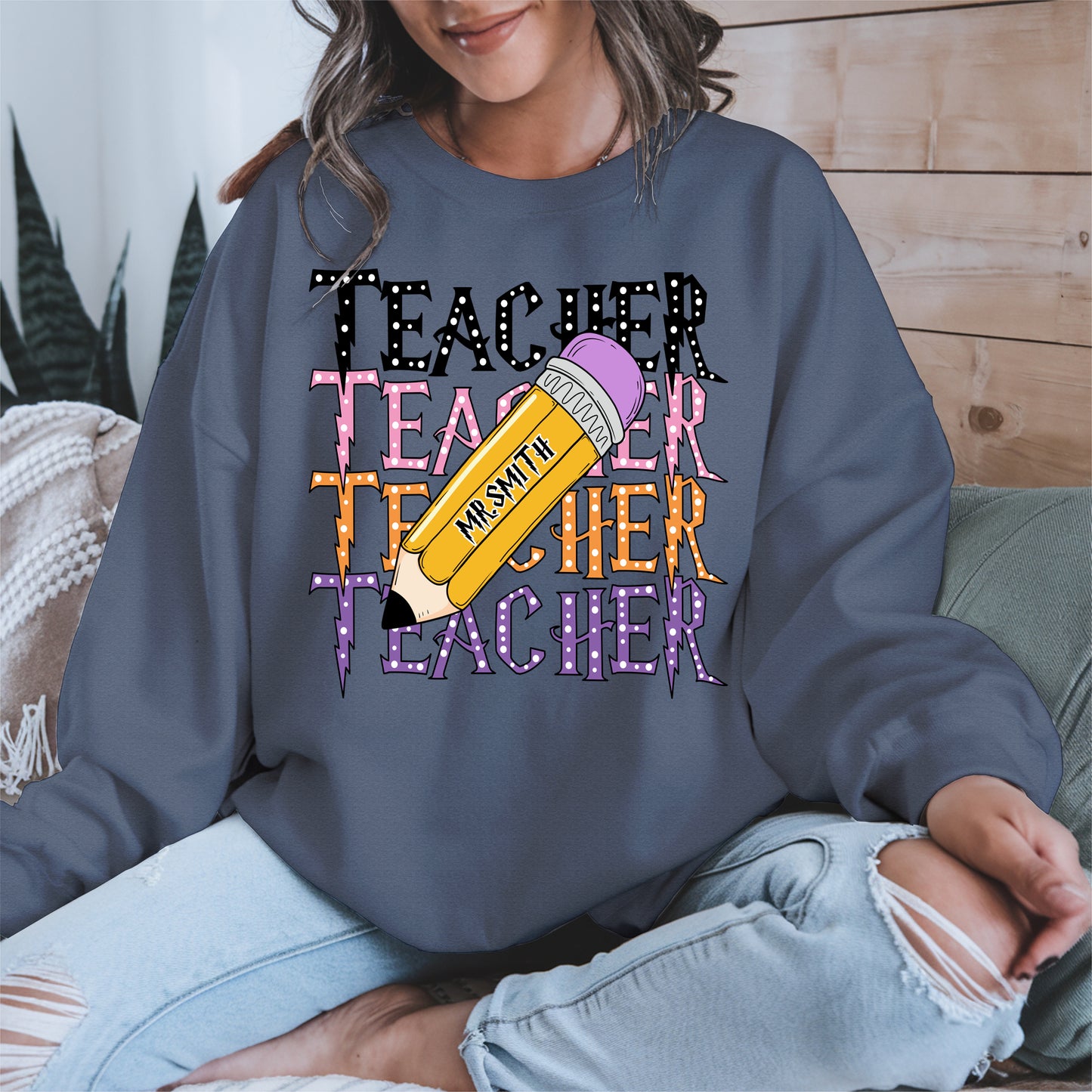 Retro Teacher Shirt with Personalized Pencil Name