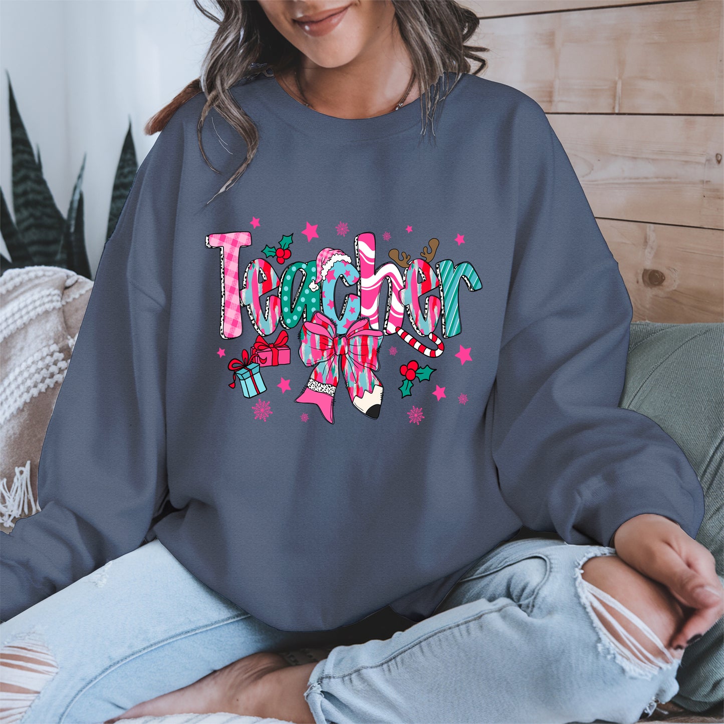 Christmas Teacher Shirt with Gifts and Bow