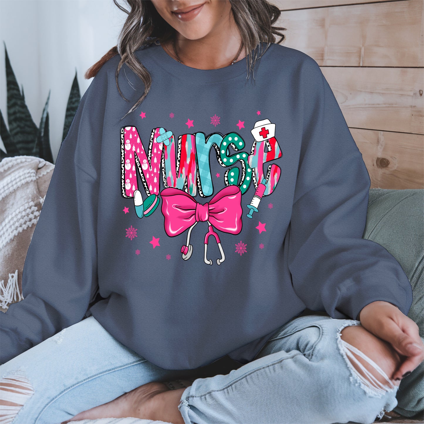 Nurse Christmas Shirt with Pink Bow and Holiday Icons