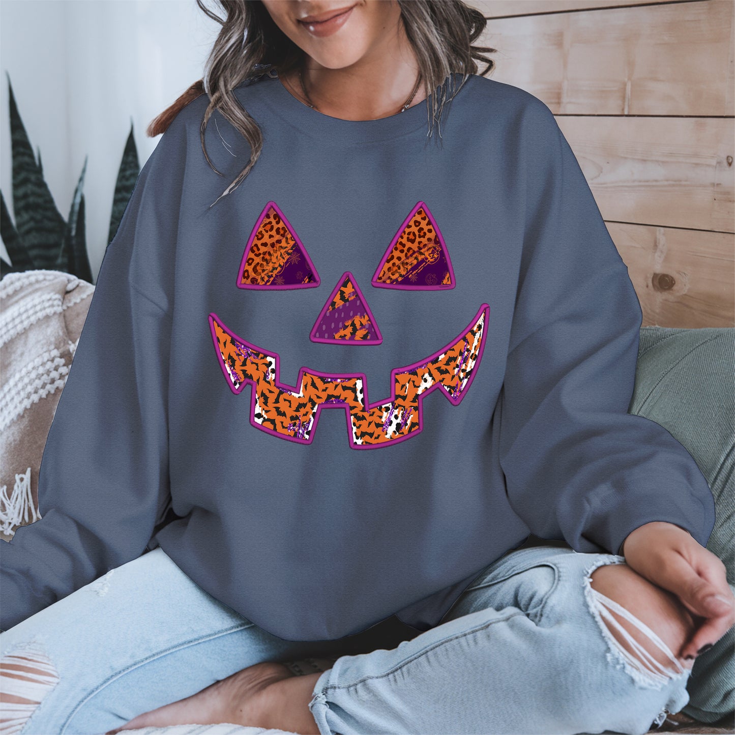 Pumpkin Face Faux Embroidery shirt