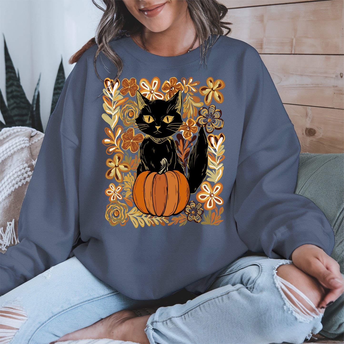 Floral Black cat Pumpkin halloween shirt