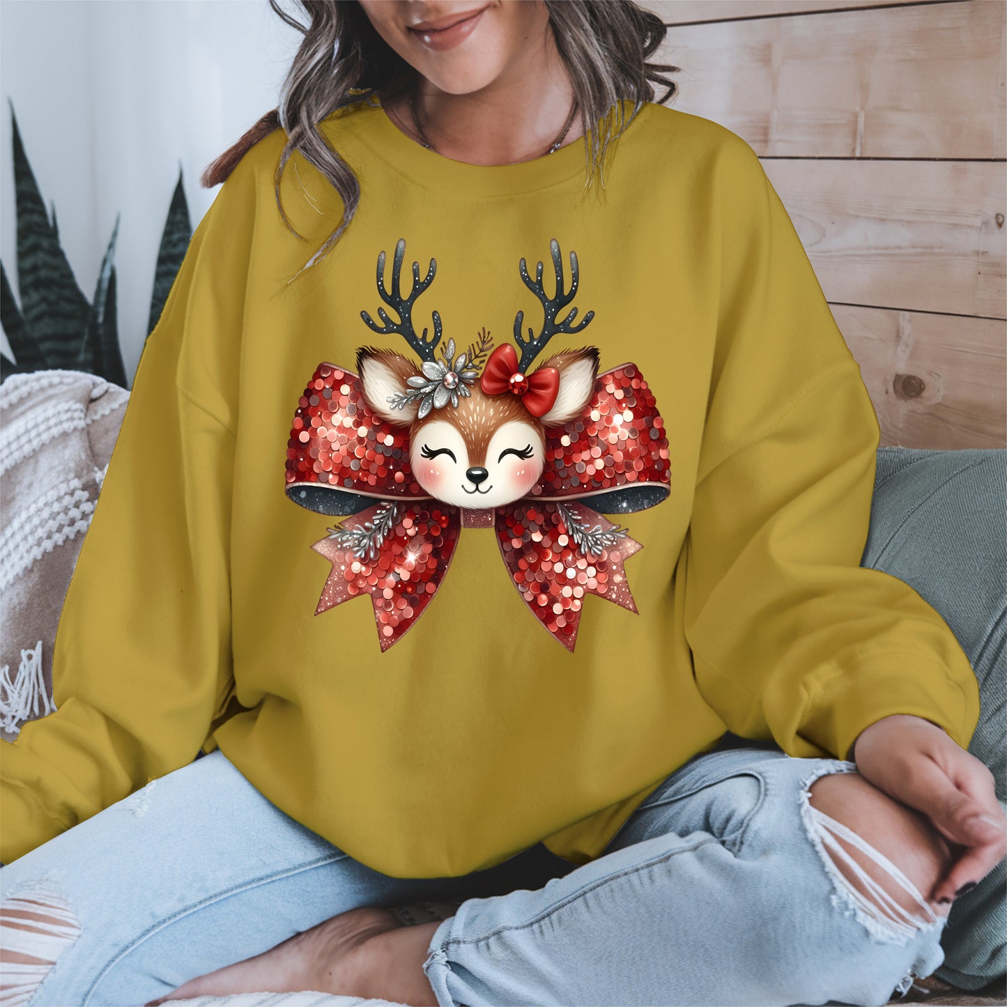 Cute Reindeer Bow Christmas Shirt for Women
