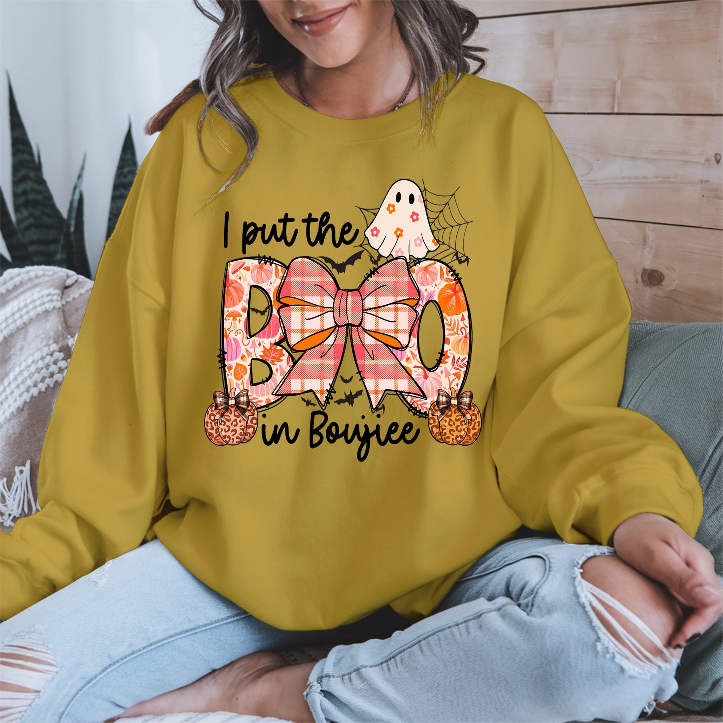 BOO Cute Halloween Shirt Hoodie Sweatshirt with Ghost and Bow