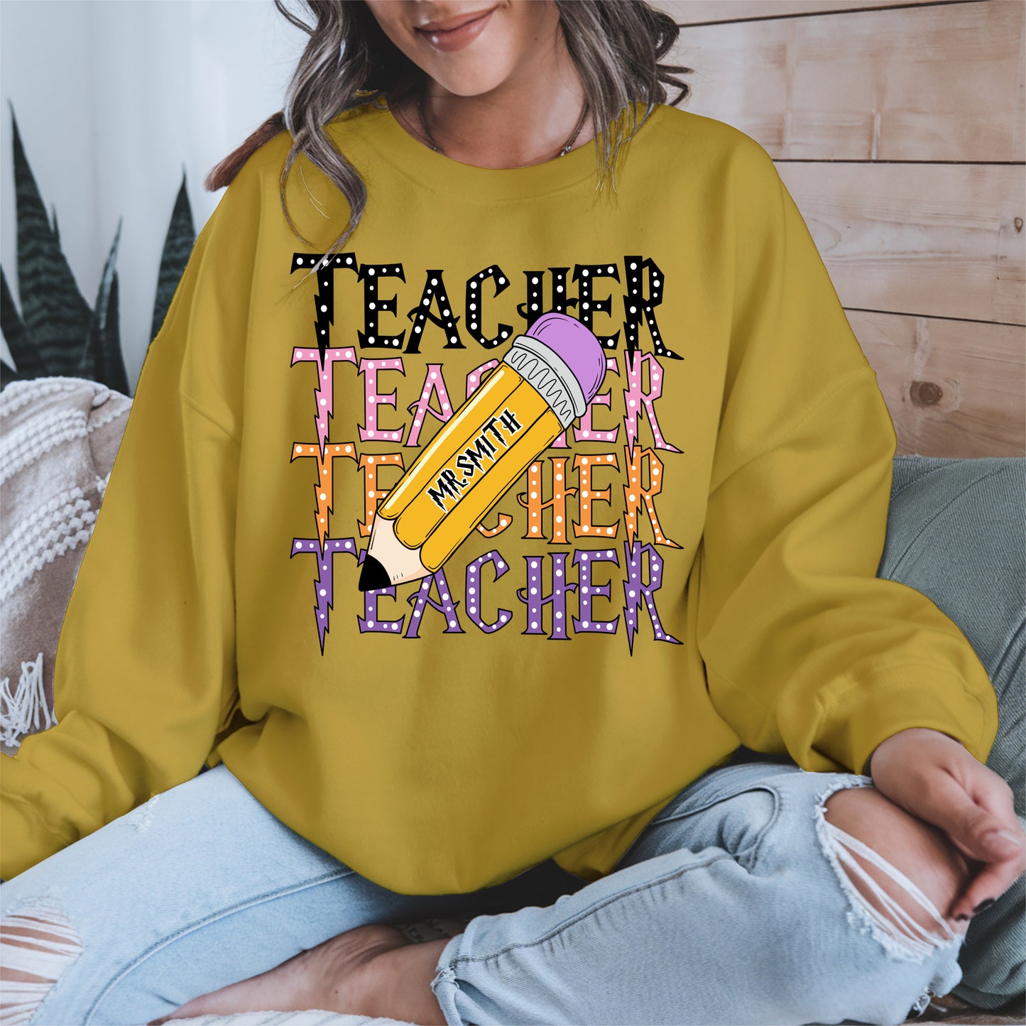Retro Teacher Shirt with Personalized Pencil Name