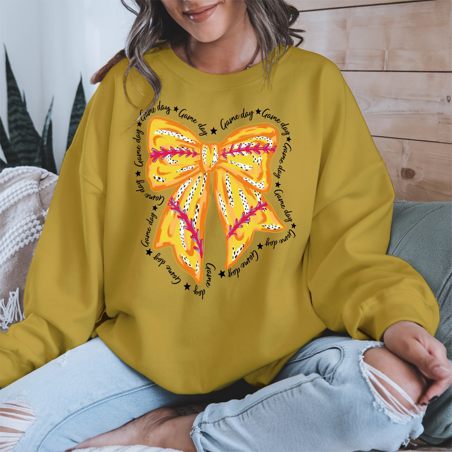Yellow Baseball Bow Shirt Sport Tee Hoodie Sweatshirt Gift for Fans