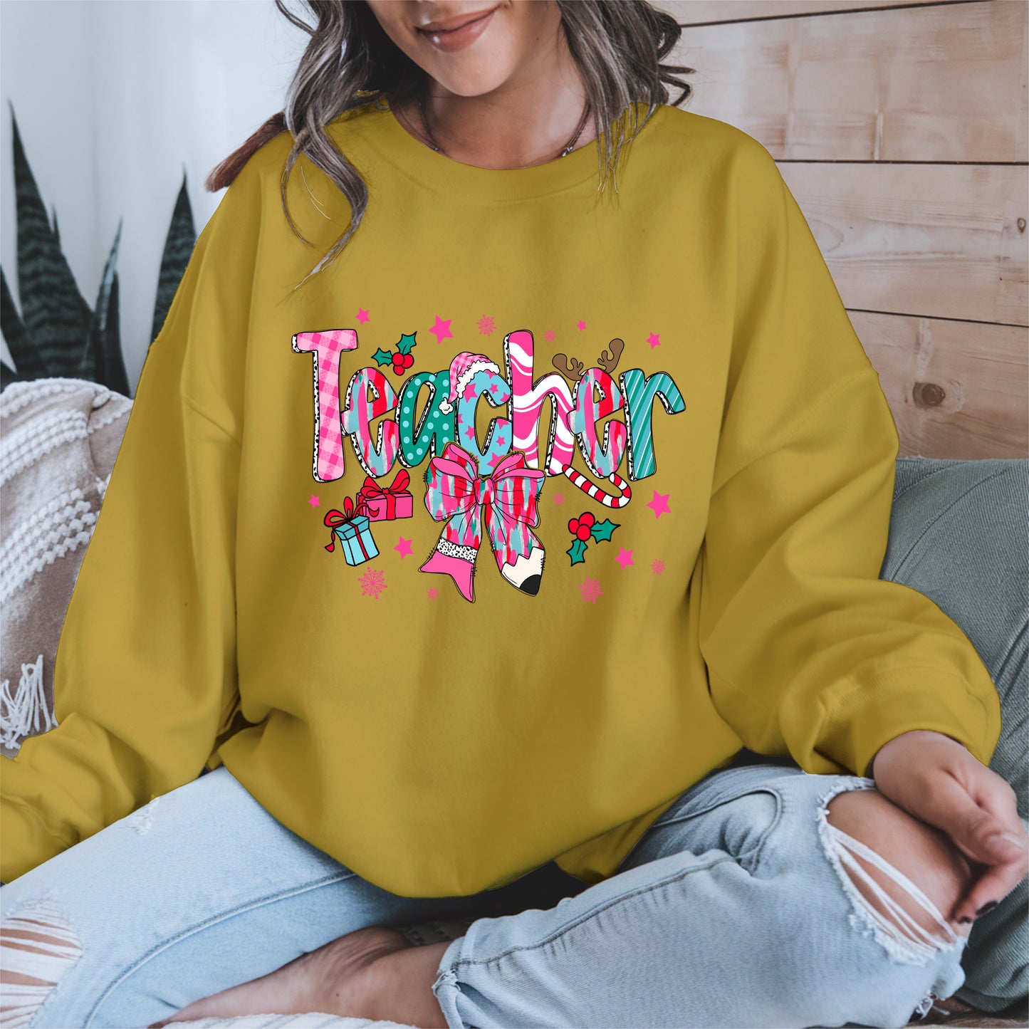 Christmas Teacher Shirt with Gifts and Bow