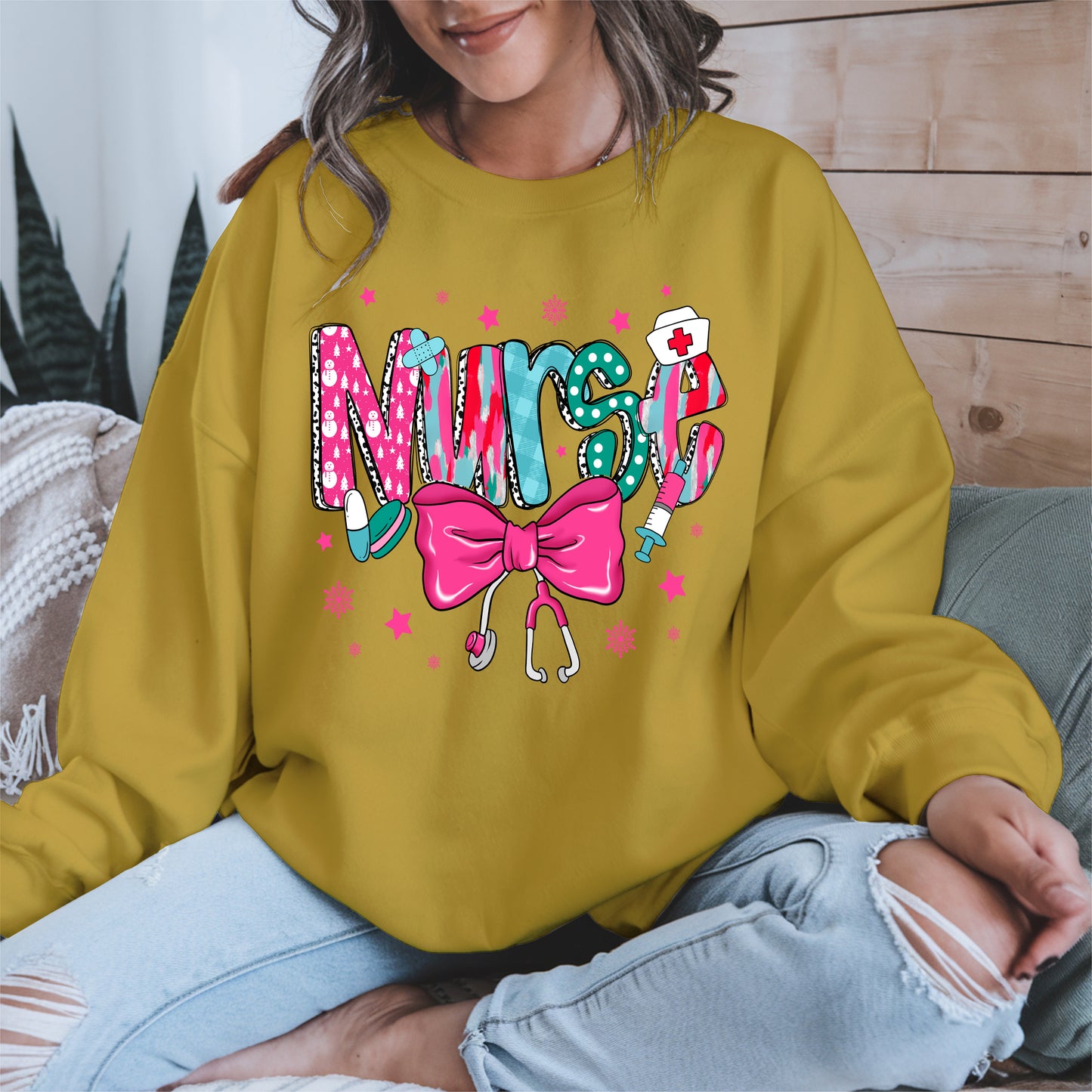 Nurse Christmas Shirt with Pink Bow and Holiday Icons