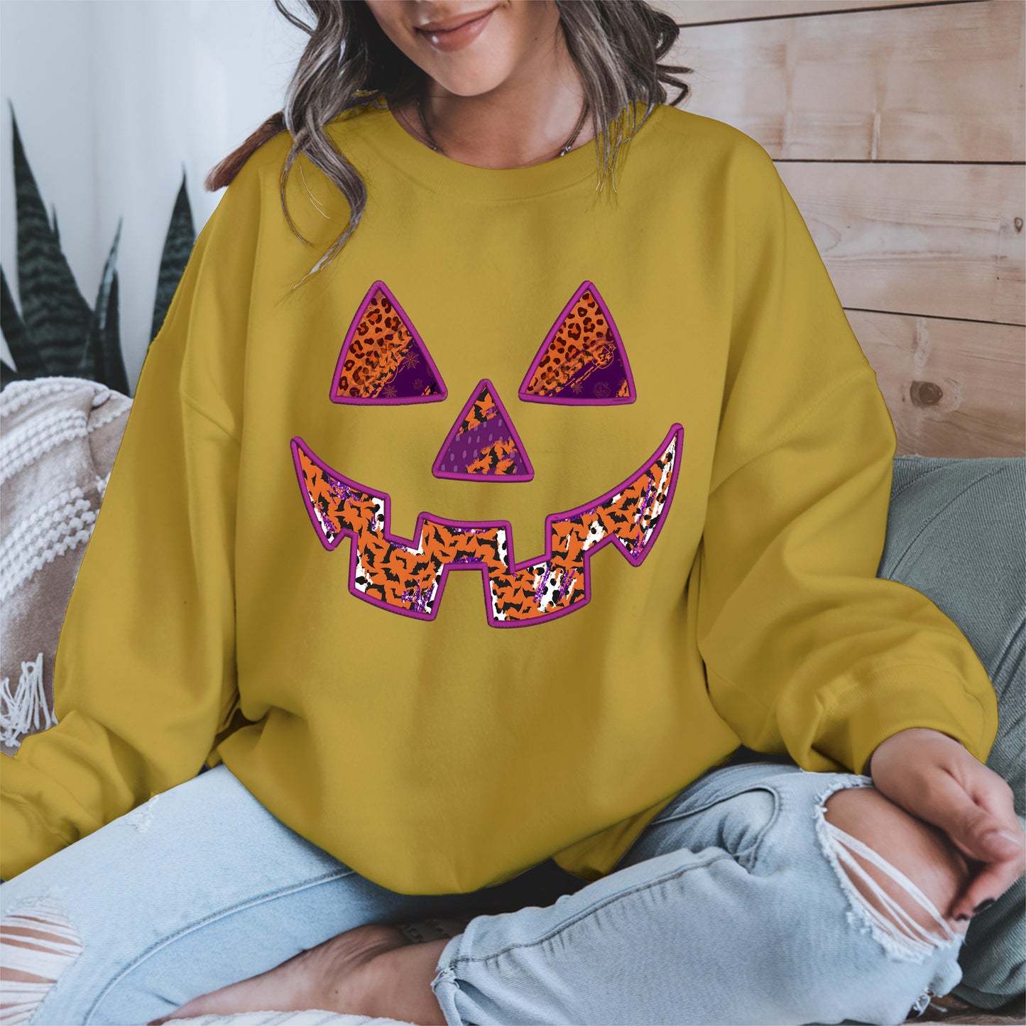 Pumpkin Face Faux Embroidery shirt