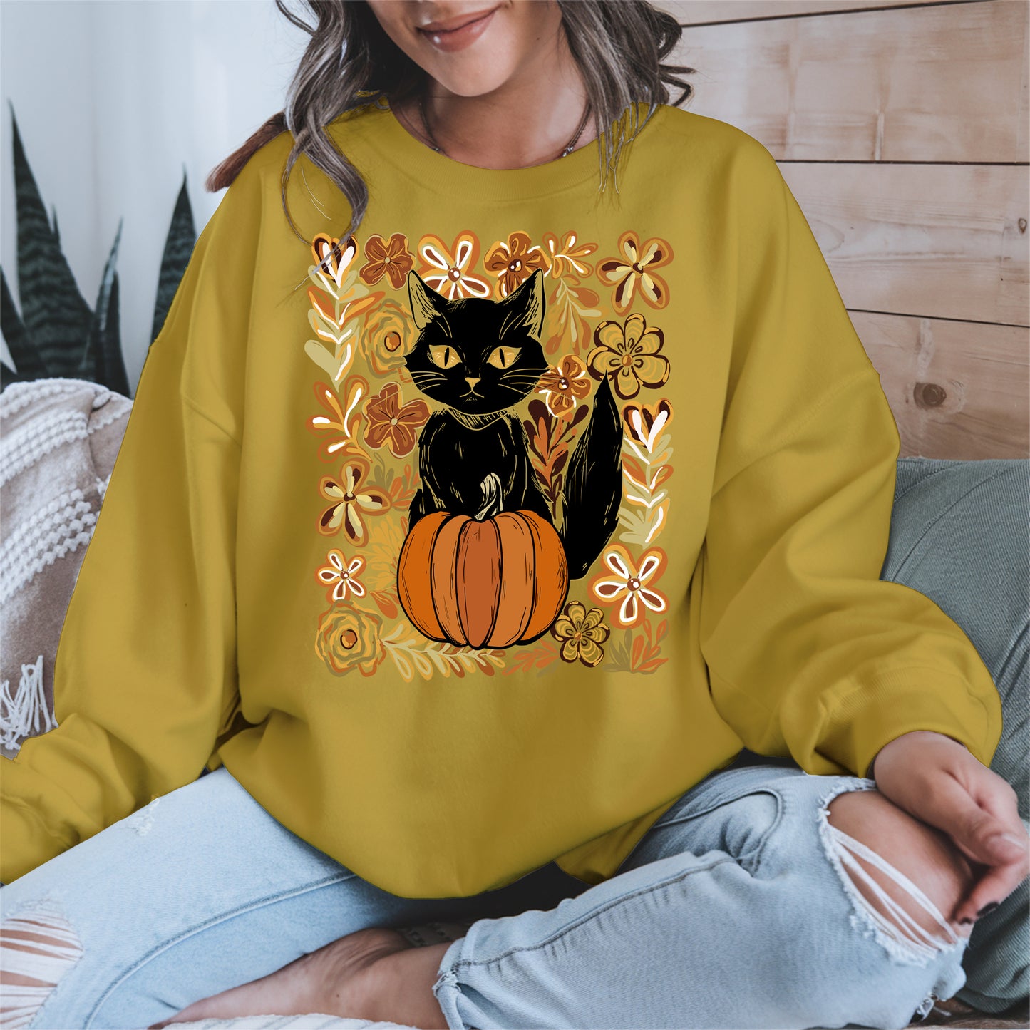 Floral Black cat Pumpkin halloween shirt