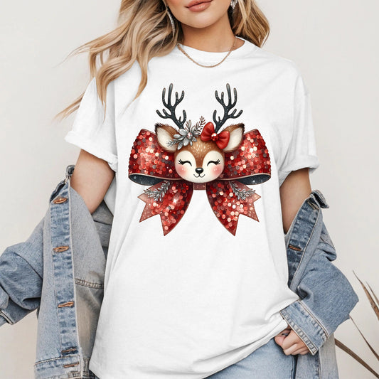 Cute Reindeer Bow Christmas Shirt for Women