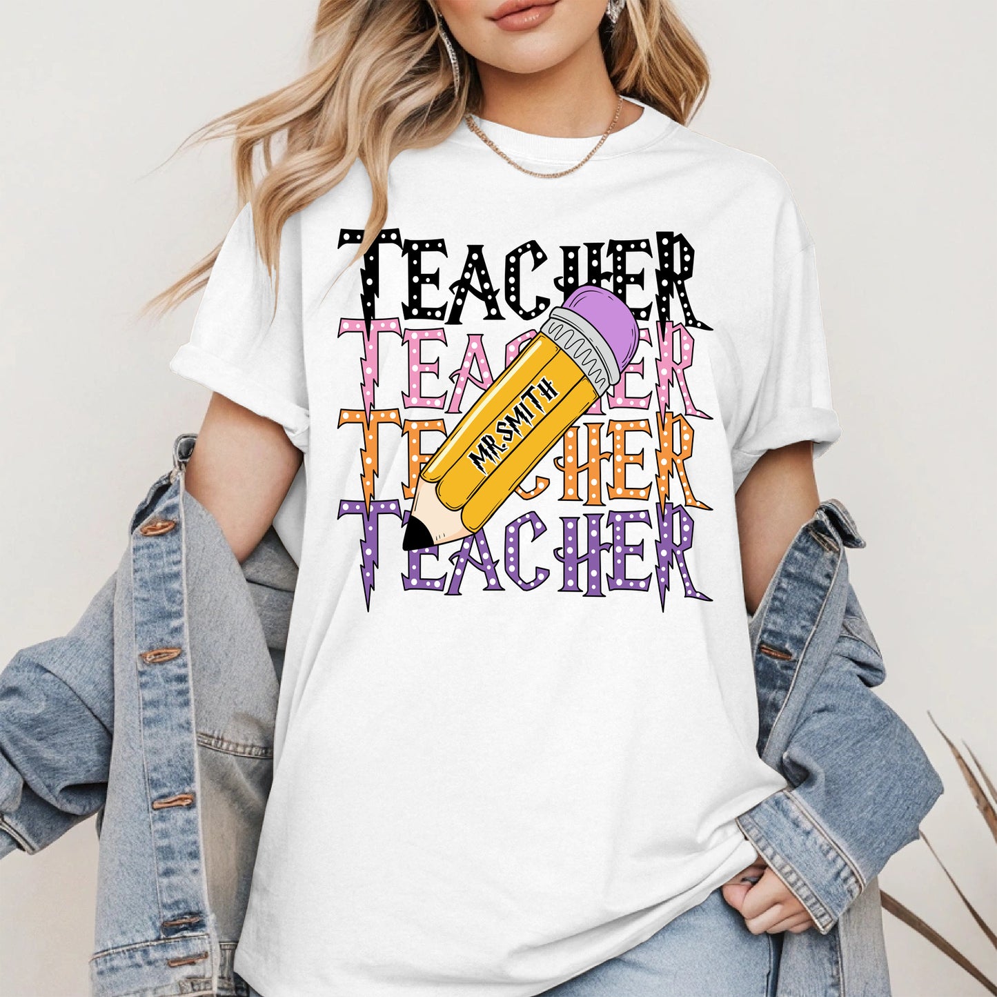 Retro Teacher Shirt with Personalized Pencil Name