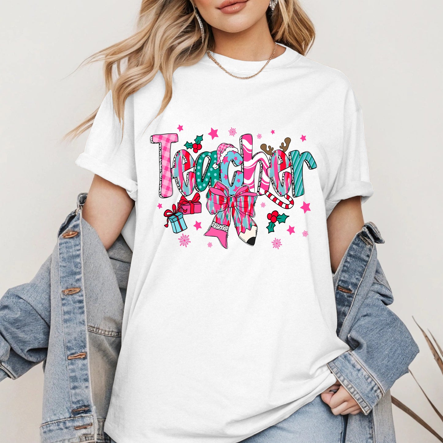 Christmas Teacher Shirt with Gifts and Bow