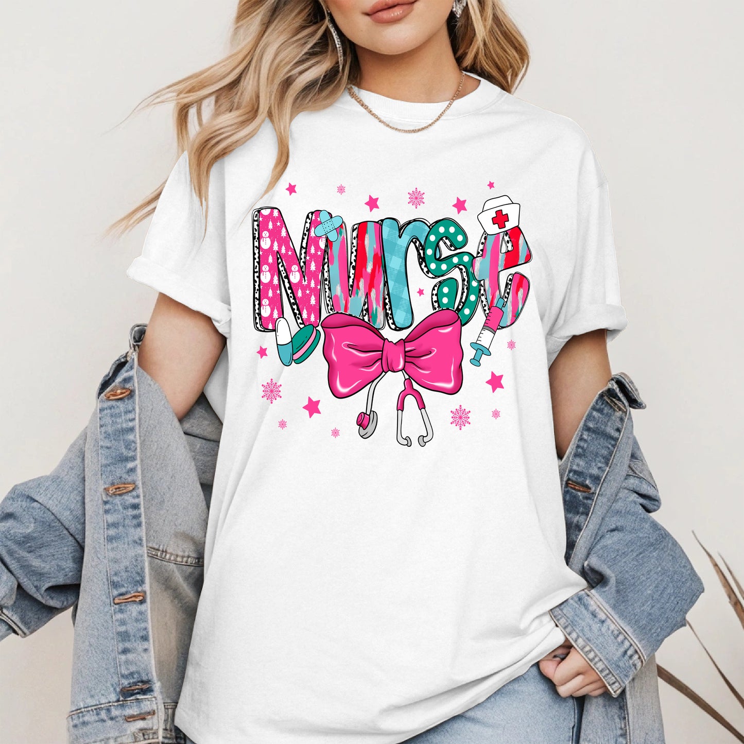 Nurse Christmas Shirt with Pink Bow and Holiday Icons