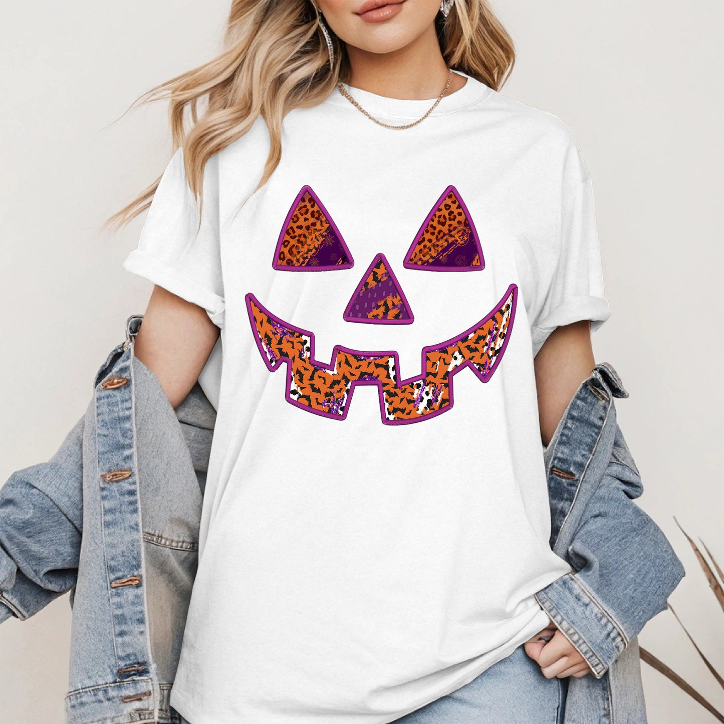 Pumpkin Face Faux Embroidery shirt
