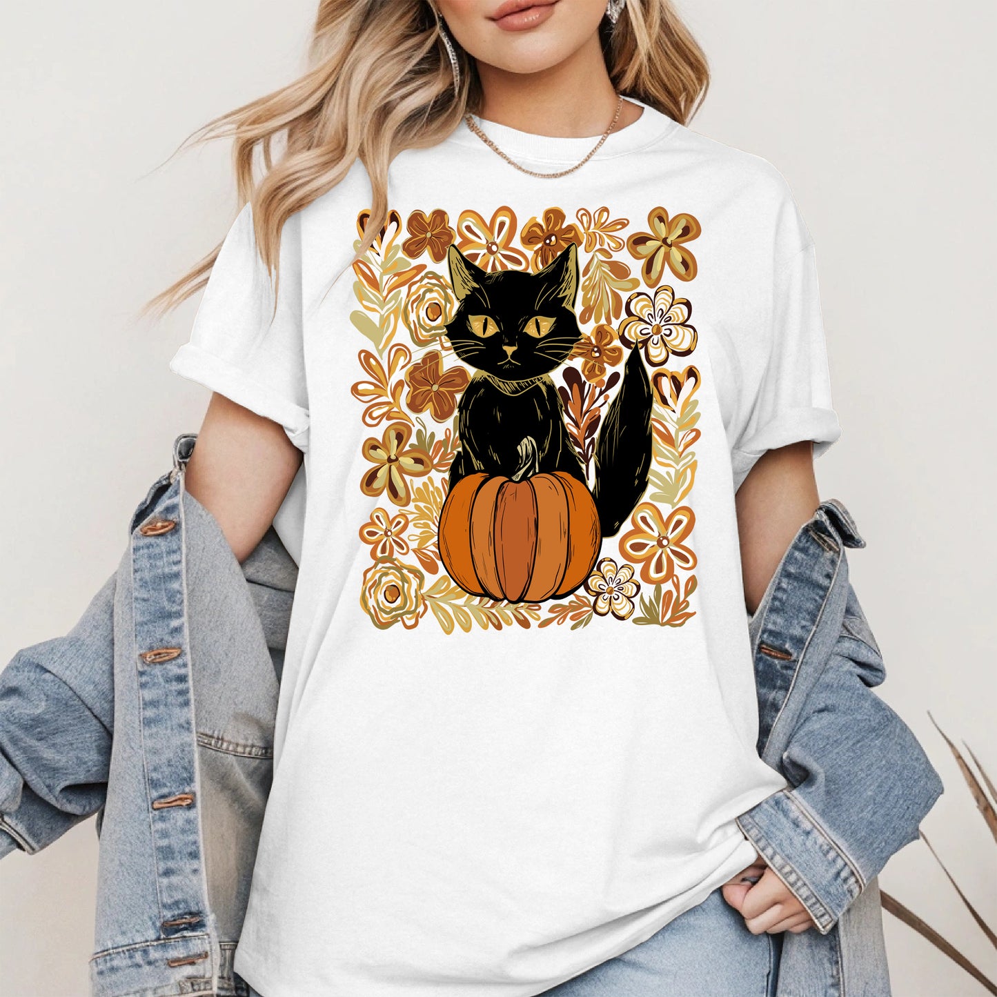 Floral Black cat Pumpkin halloween shirt
