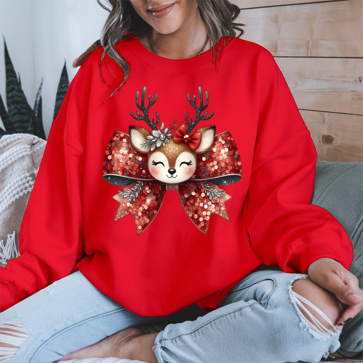 Cute Reindeer Bow Christmas Shirt for Women
