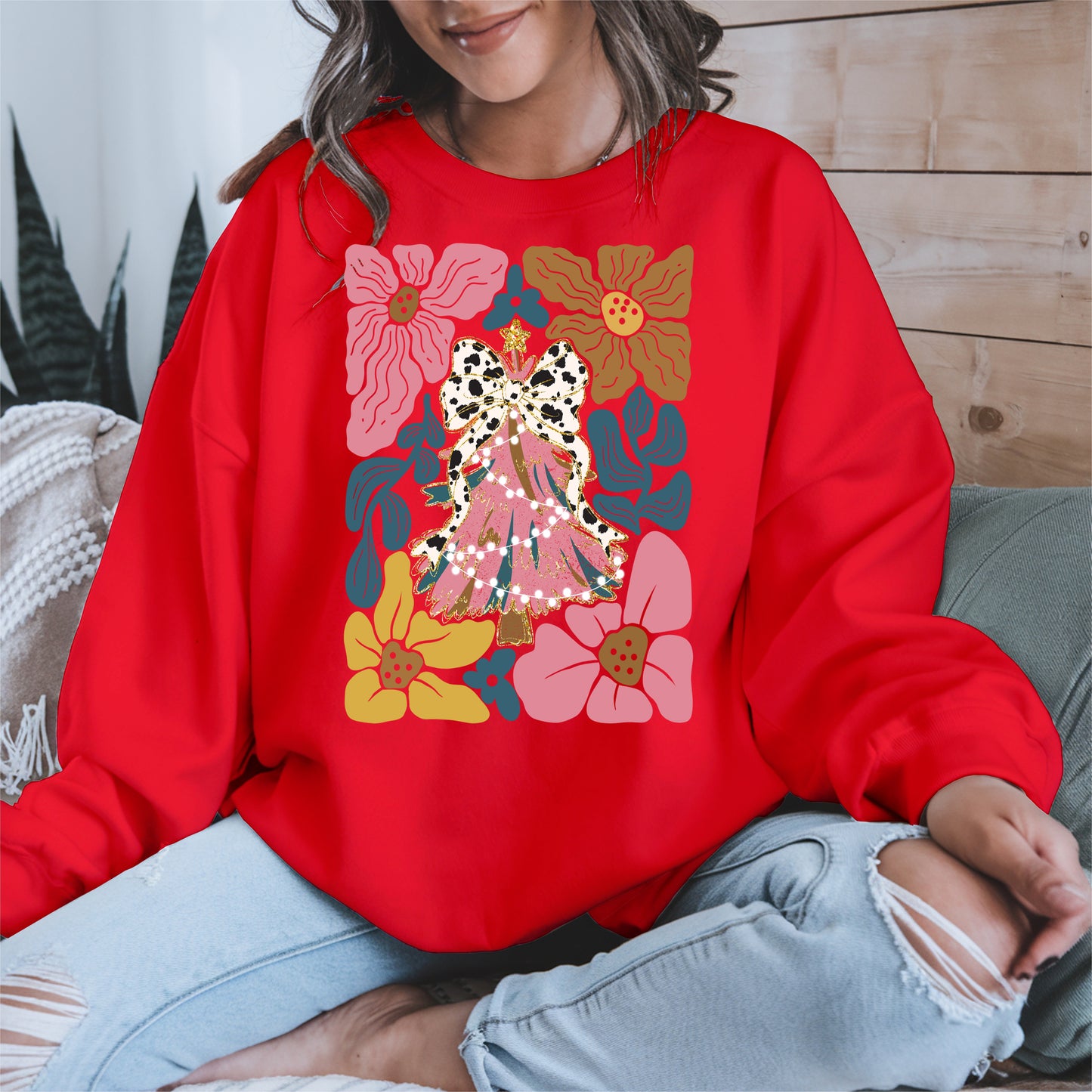 Christmas Tree Coquette Bow Floral Holiday Shirt