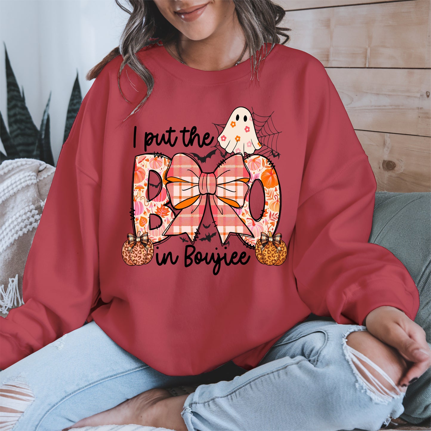 BOO Cute Halloween Shirt Hoodie Sweatshirt with Ghost and Bow