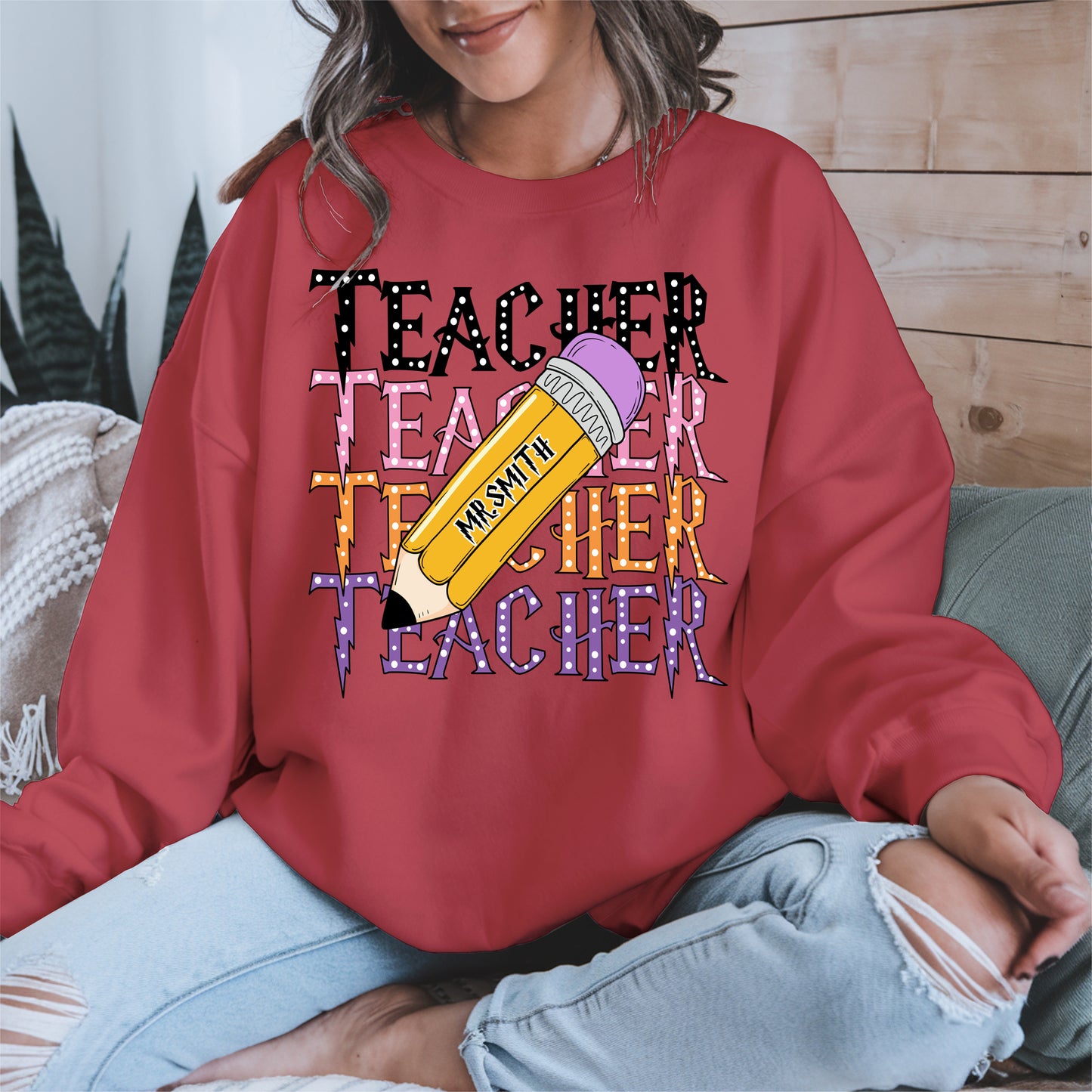 Retro Teacher Shirt with Personalized Pencil Name