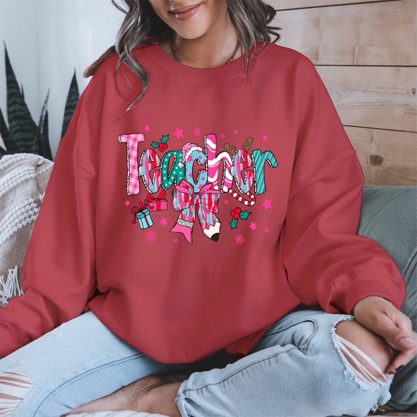 Christmas Teacher Shirt with Gifts and Bow