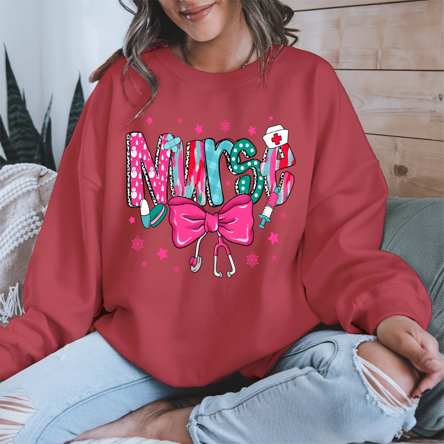 Nurse Christmas Shirt with Pink Bow and Holiday Icons