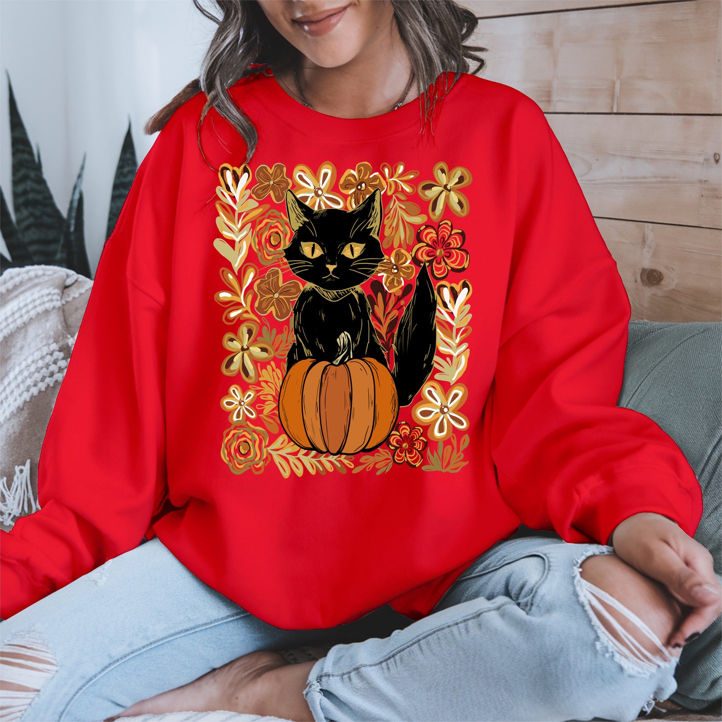Floral Black cat Pumpkin halloween shirt