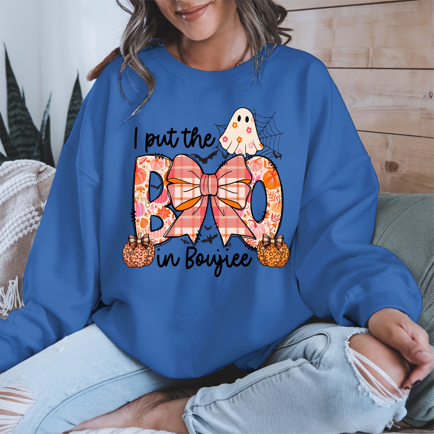 BOO Cute Halloween Shirt Hoodie Sweatshirt with Ghost and Bow