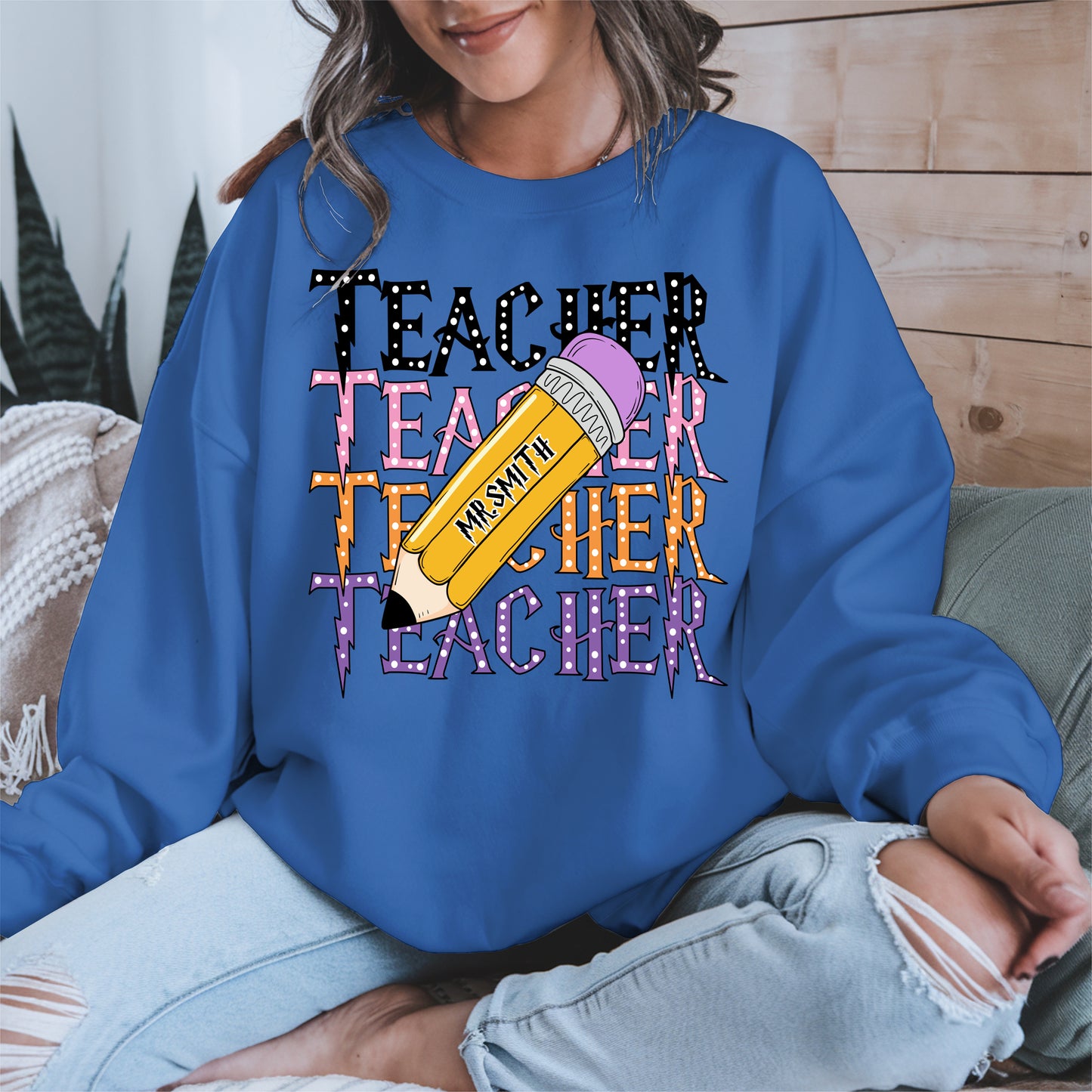 Retro Teacher Shirt with Personalized Pencil Name