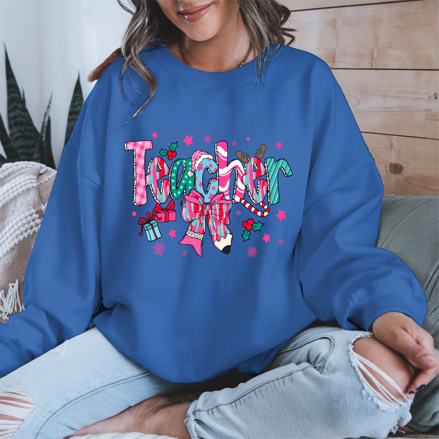 Christmas Teacher Shirt with Gifts and Bow