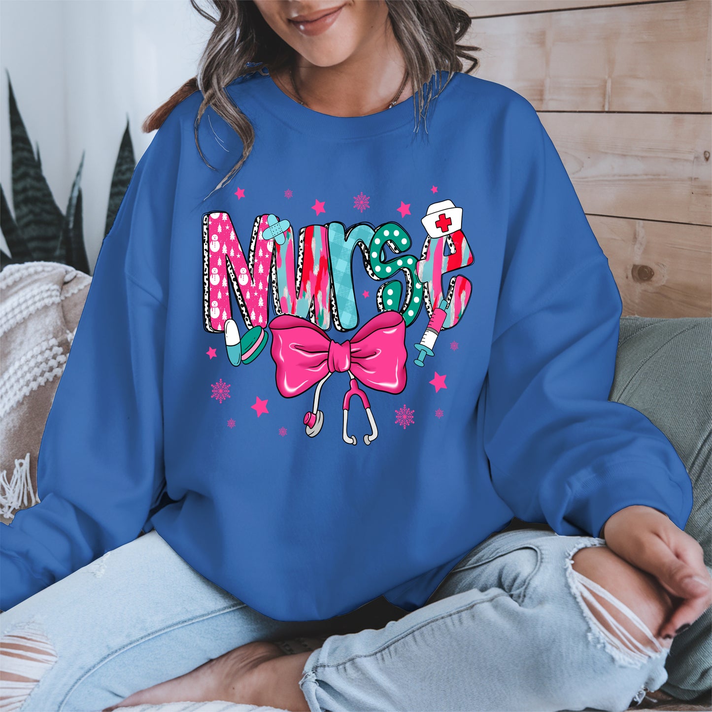 Nurse Christmas Shirt with Pink Bow and Holiday Icons