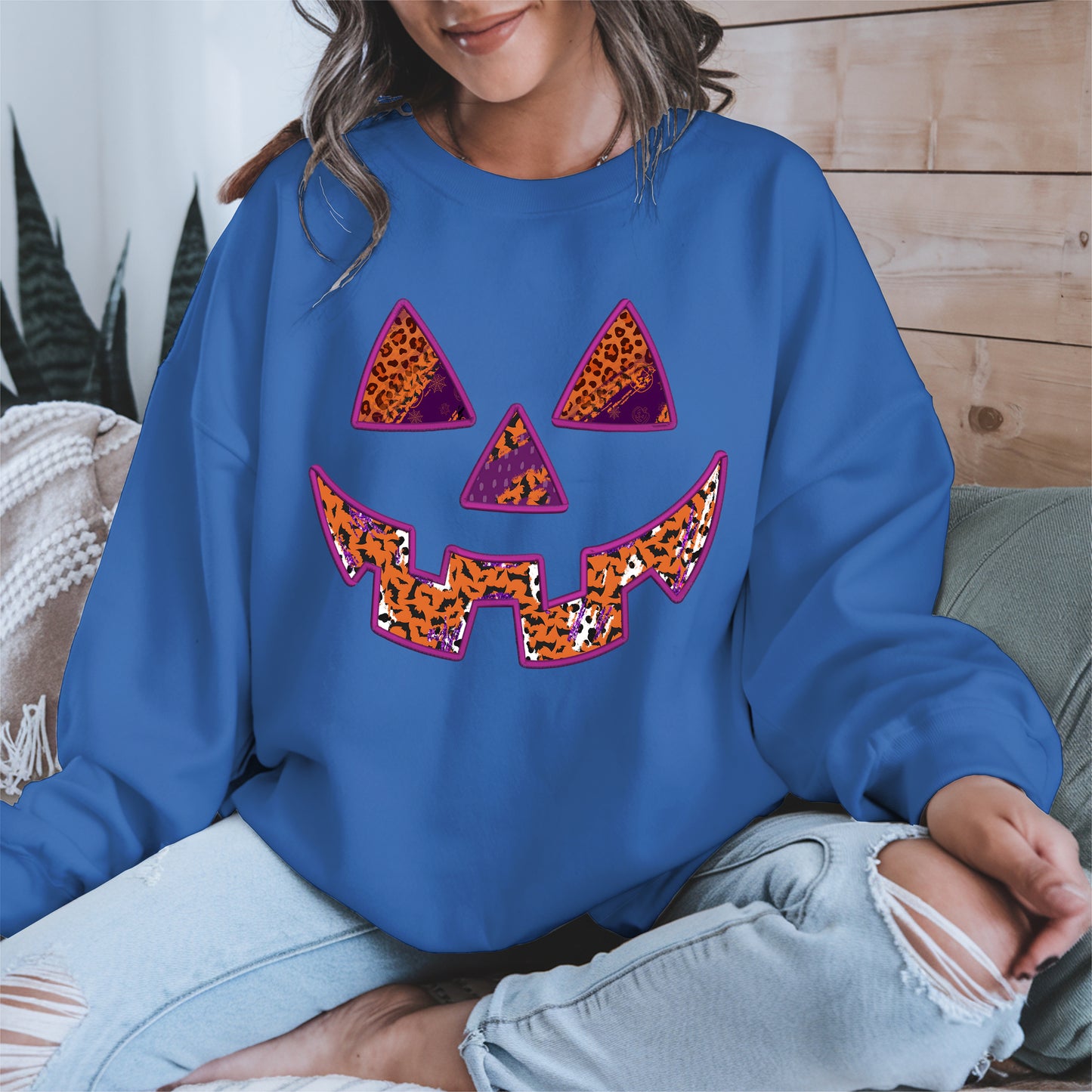 Pumpkin Face Faux Embroidery shirt