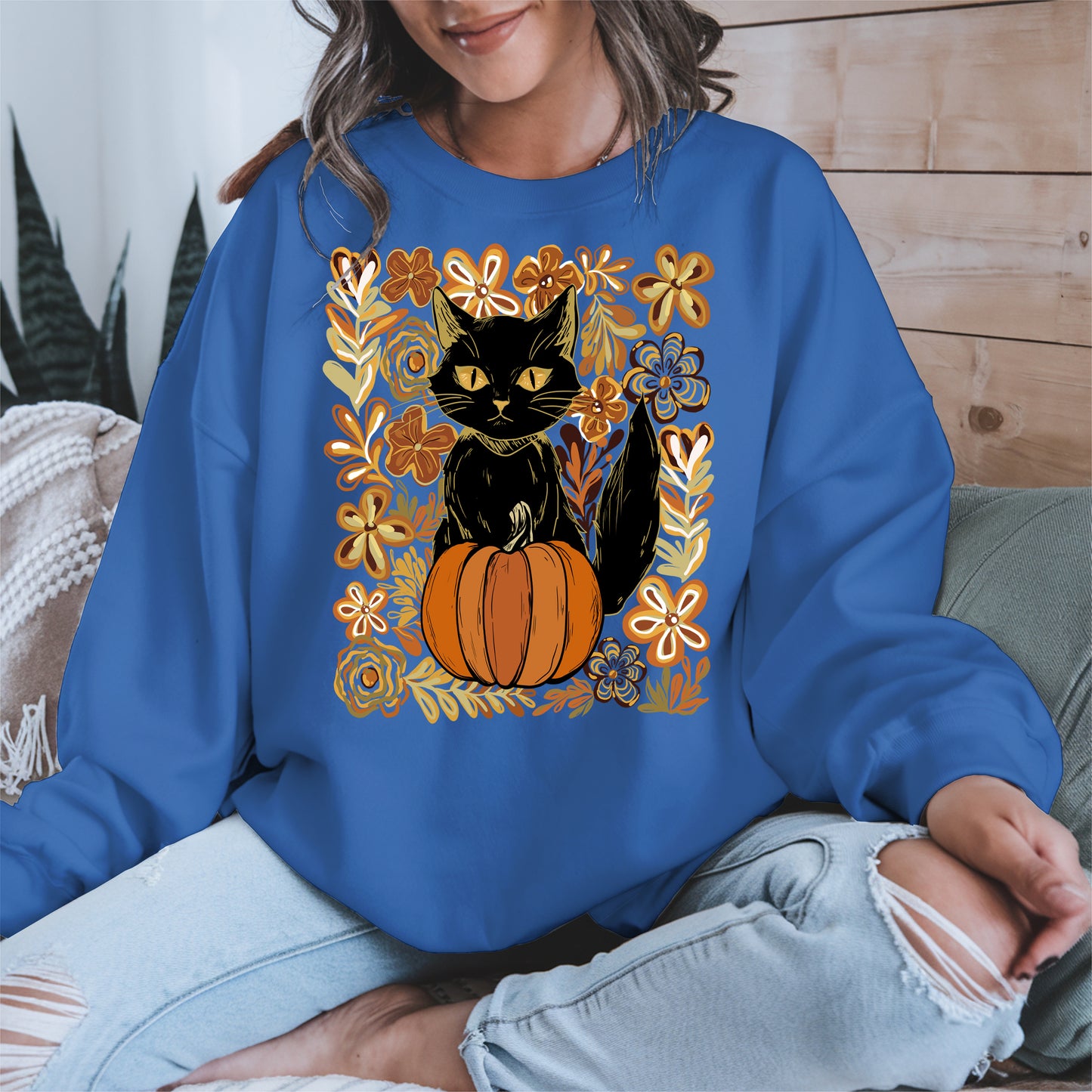 Floral Black cat Pumpkin halloween shirt
