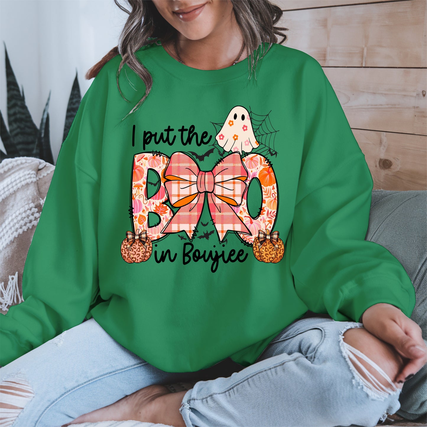 BOO Cute Halloween Shirt Hoodie Sweatshirt with Ghost and Bow