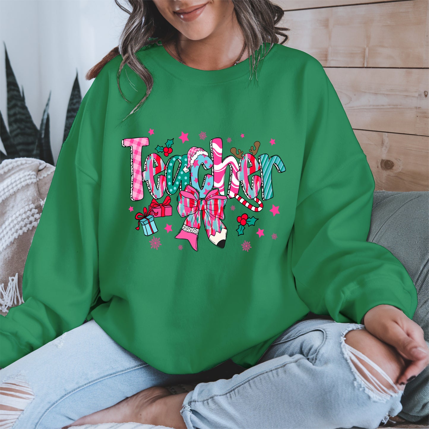 Christmas Teacher Shirt with Gifts and Bow