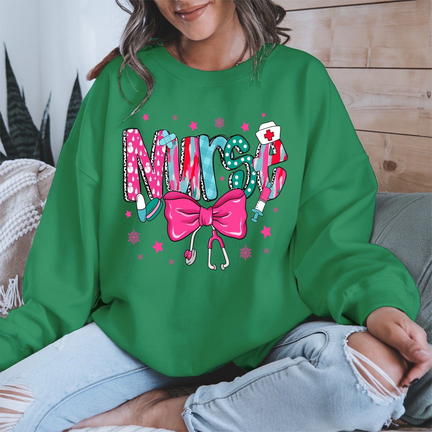 Nurse Christmas Shirt with Pink Bow and Holiday Icons