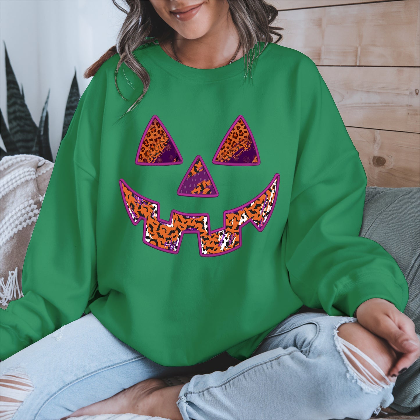 Pumpkin Face Faux Embroidery shirt