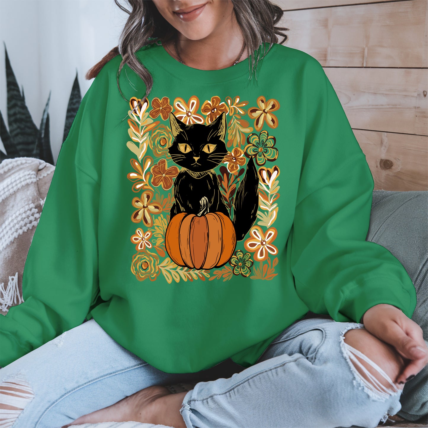 Floral Black cat Pumpkin halloween shirt