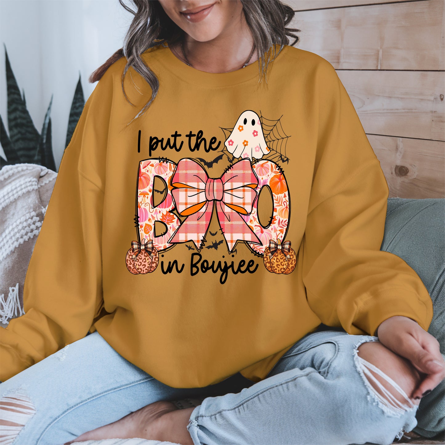 BOO Cute Halloween Shirt Hoodie Sweatshirt with Ghost and Bow