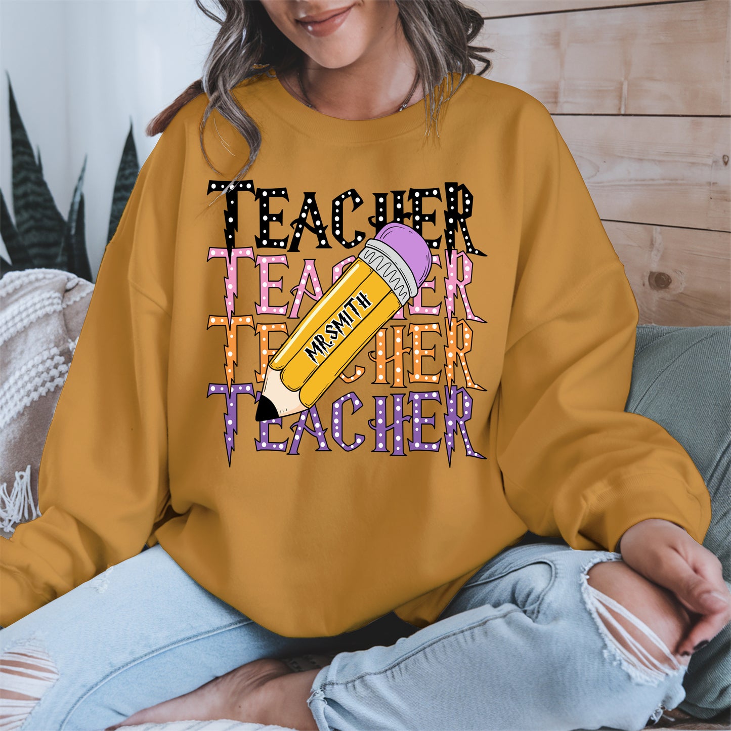 Retro Teacher Shirt with Personalized Pencil Name
