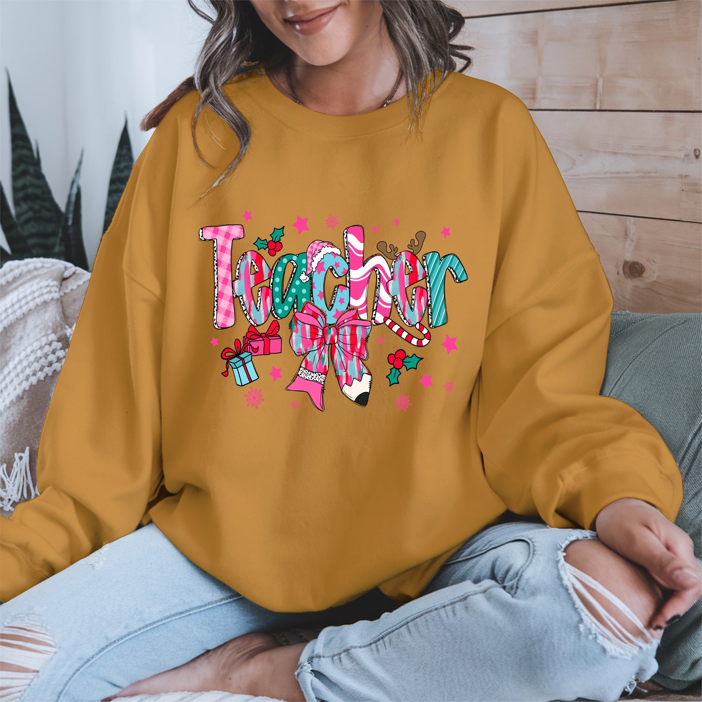 Christmas Teacher Shirt with Gifts and Bow