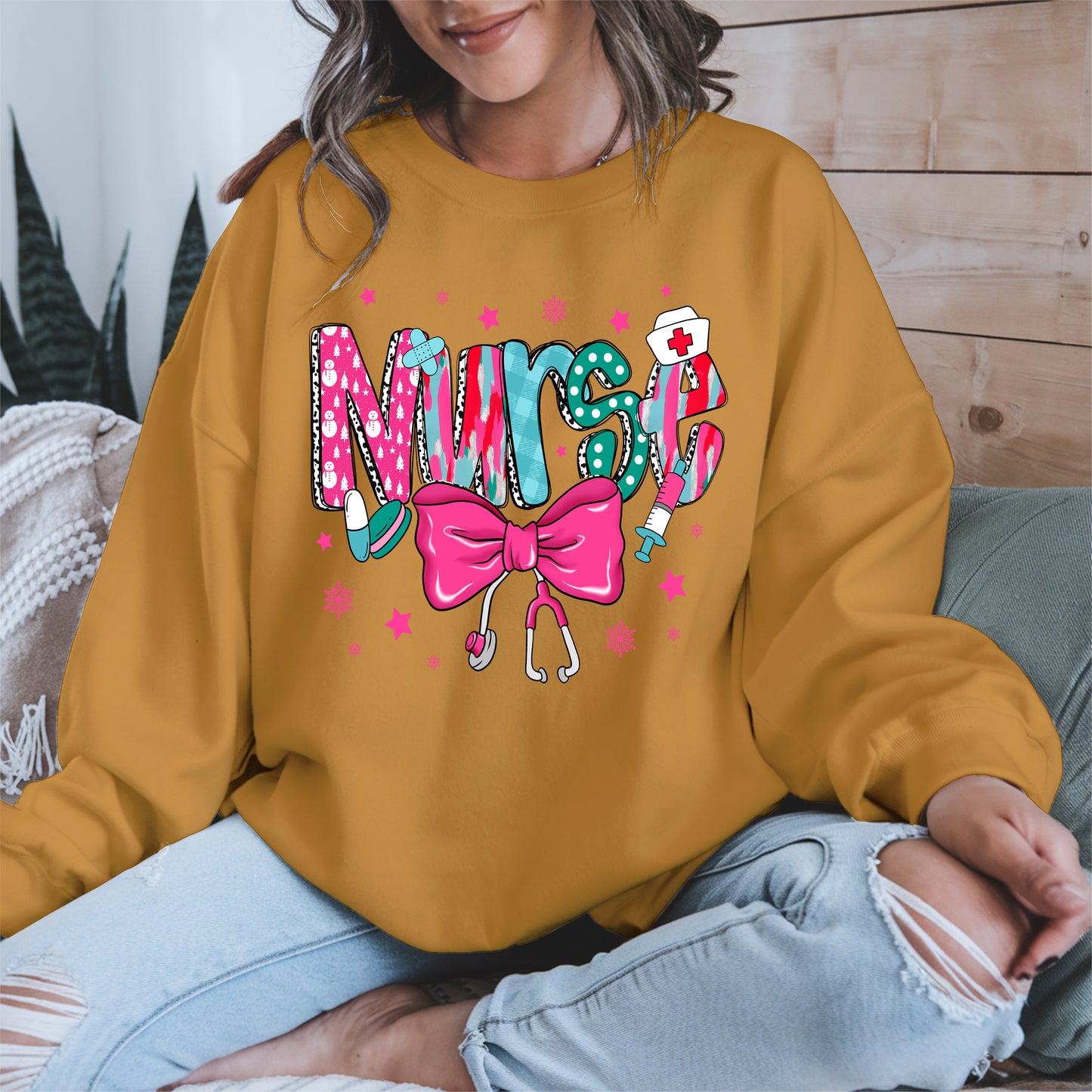 Nurse Christmas Shirt with Pink Bow and Holiday Icons
