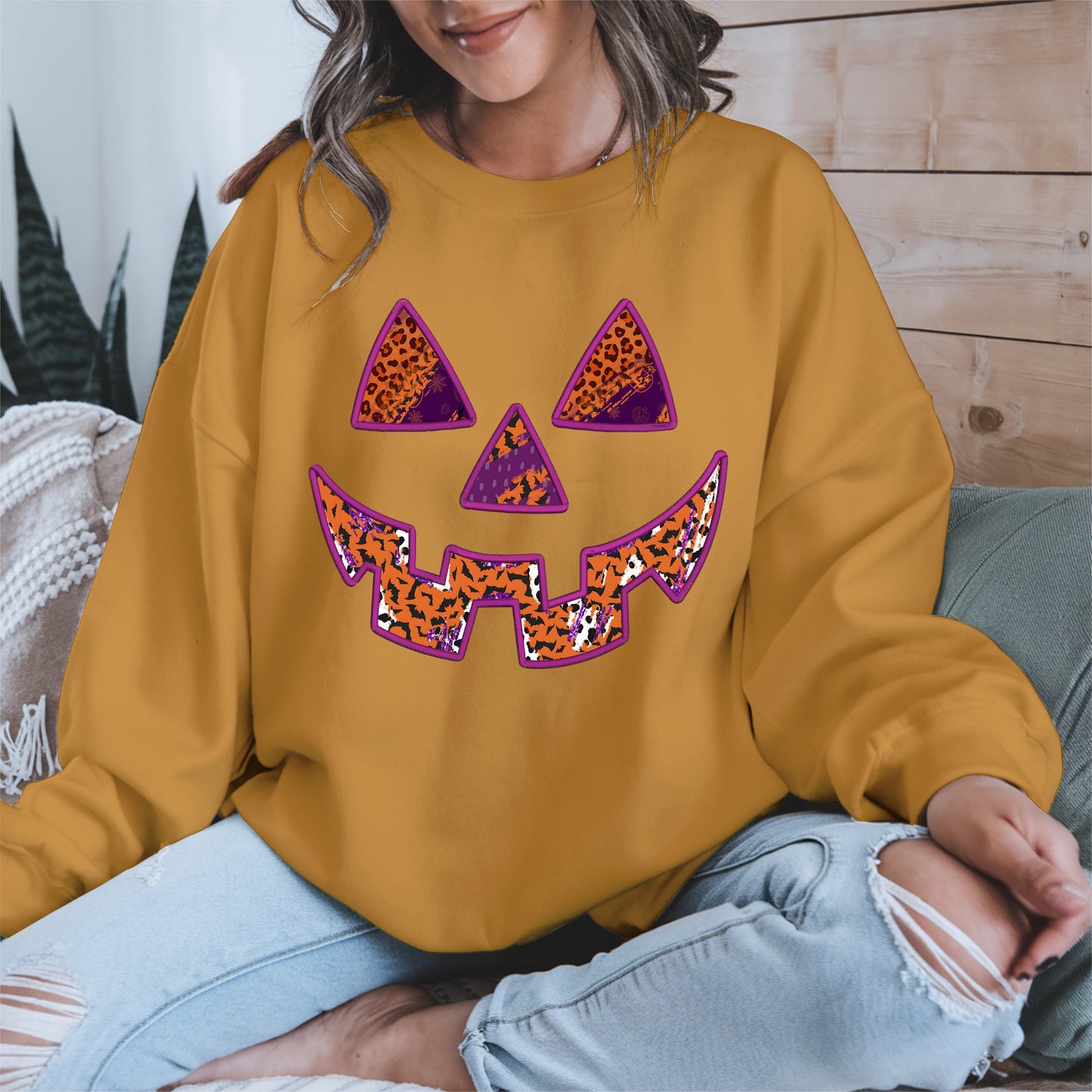 Pumpkin Face Faux Embroidery shirt